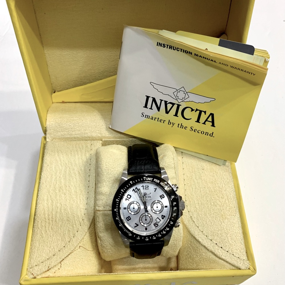Invicta men’s 10708 Speedway chronograph silver dial black leather watch